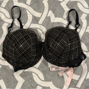NWT Victoria's Secret Bra 34DD Lined Demi Black Gold Metallic